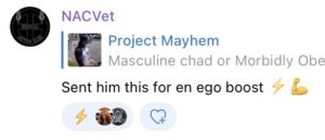 A screenshot from telegram. Account “NACVet” responds to a post by Project Mayhem showing Joshua Isgrigg outside a drag story hour and calling him a “Masculine Chad”. NACVet writes: “Sent him this for an ego boost”