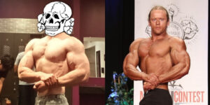 Two photos side-by-side. Both show a man flexing in a typical bodybuilders pose, with one wrist holding the other while his arms flex. On the left hand photo the face is covered with a Nazi totenkopf. This photo is shot in a gym locker room. In the right hand photo the background is that of a bodybuilding contest. In both photos just below the man's left nipple there are two moles in an identical pattern.