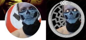 Two photos side by side. The first is a screenshot from facbook, showing a profile picture with a shirtless man whose face is covered in a skull mask. Behind him is a nazi flag. The second features the identical photo, though the background has been replaced with a sonnenrad. It is also framed by an ouroboros. 