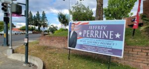 A street corner with a large campaign sign for Jeffrey Perine. The sign features a photo of Perrine in a suit with his name in large letters. Beneath, it reads, "Constitutional Representative! State Assembly District 7and his campaign website. below that is a list of checked boxes: constitutionalist, antiestablishment, against political correctness, fiscally responsible, business oriented.