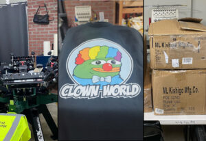 Three photos side-by-side. The first shows a screen printing machine against the background of a gray curtain and pink brick wall with gray mortar. The center photo shows a T-shirt with a clown world logo featuring the meme Honkler. The background features a gray curtain on the left-hand side pink bricks with gray mortar, and an embroidery machine. The right hand photo shows a stack of boxes and behind them an embroidery machine matching the one in the center photo.