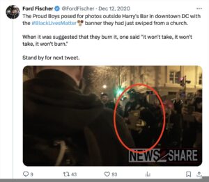 A screenshot from Twitter. @fordfischer posts a video with the caption, "The Proud Boys posed for photos outside Harry's Bar in downtown DC with the #BlackLivesMatter banner they had just swiped from a church.When it was suggested that they burn it, one said "it won't take, it won't take, it won't burn." Stand by for next tweet.". The video shows a group of men in Proud Boys colors. One man is circled. He wears a tan ballistic vest with a Gadsen Flag patch on it, a black mask and helmet, and has a yellow cast on his left hand and an orange one on his right. 