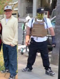 Two photos of Jonathan Giusto, side-by-side. On the left, he wears a sweater, jeans, and an SF Giants baseball cap. On the right, he wears a black and yellow gaiter-style mask and a ballistic vest. In both, he wears the same shoes. 
