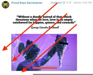 A telegram post by proud boys Sacramento. Features a stylized image of a statue of Perseus holding up the head of medusa, accompanied by the text: "without a deadly hatred of that which threatens what we love, love is an empty catch word for hippies, queers, and cowards" – George Lincoln Rockwell